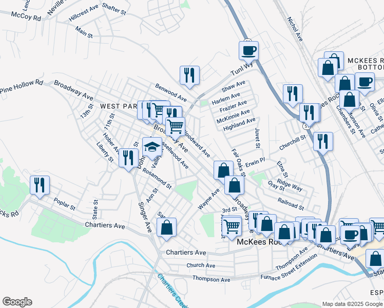 map of restaurants, bars, coffee shops, grocery stores, and more near 613 Penn Alley in McKees Rocks