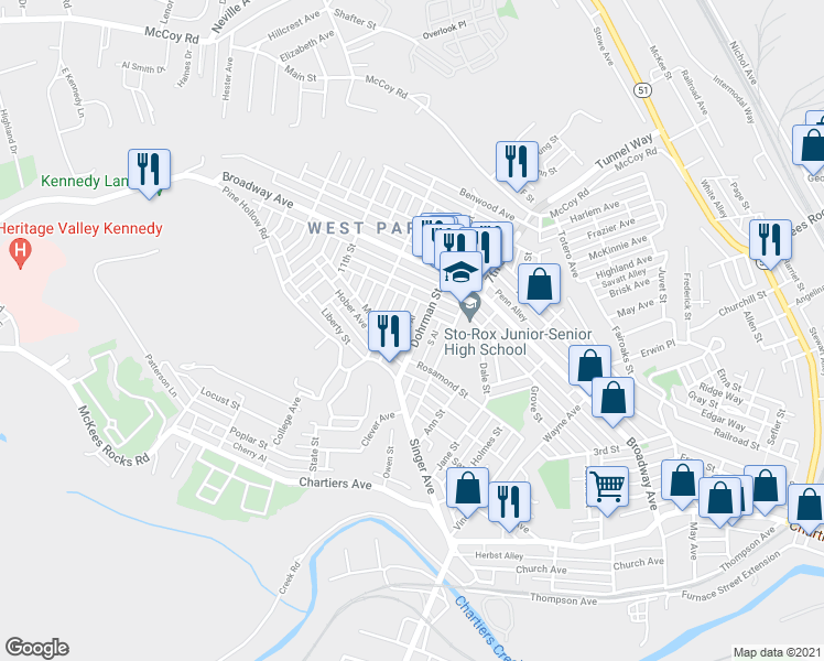 map of restaurants, bars, coffee shops, grocery stores, and more near 1138a Dohrman Street in McKees Rocks