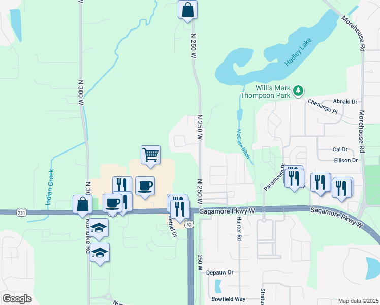 map of restaurants, bars, coffee shops, grocery stores, and more near 2500 Derbyshire Court in West Lafayette
