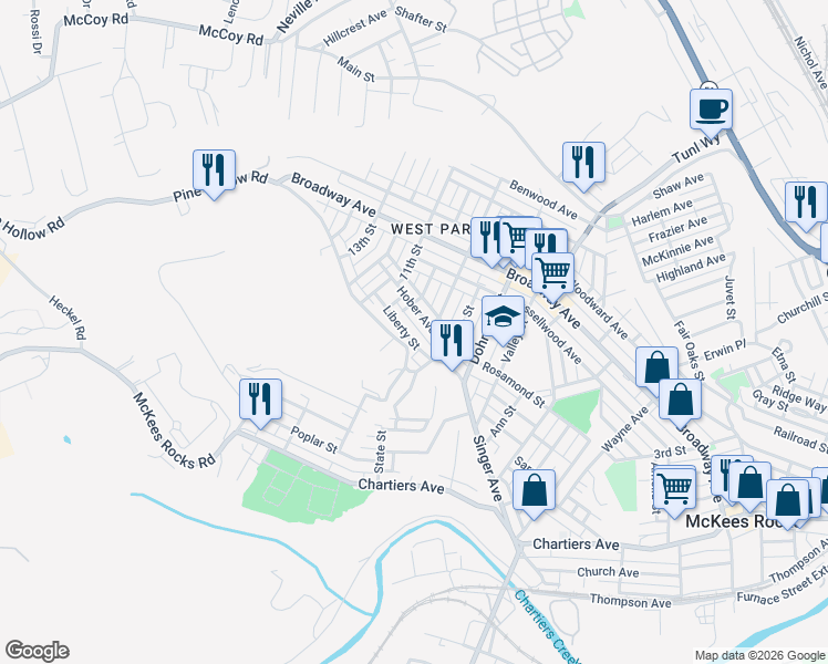 map of restaurants, bars, coffee shops, grocery stores, and more near 920 Liberty Street in McKees Rocks