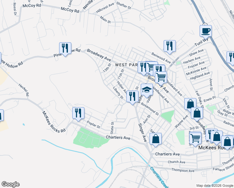 map of restaurants, bars, coffee shops, grocery stores, and more near 920 Liberty Street in McKees Rocks
