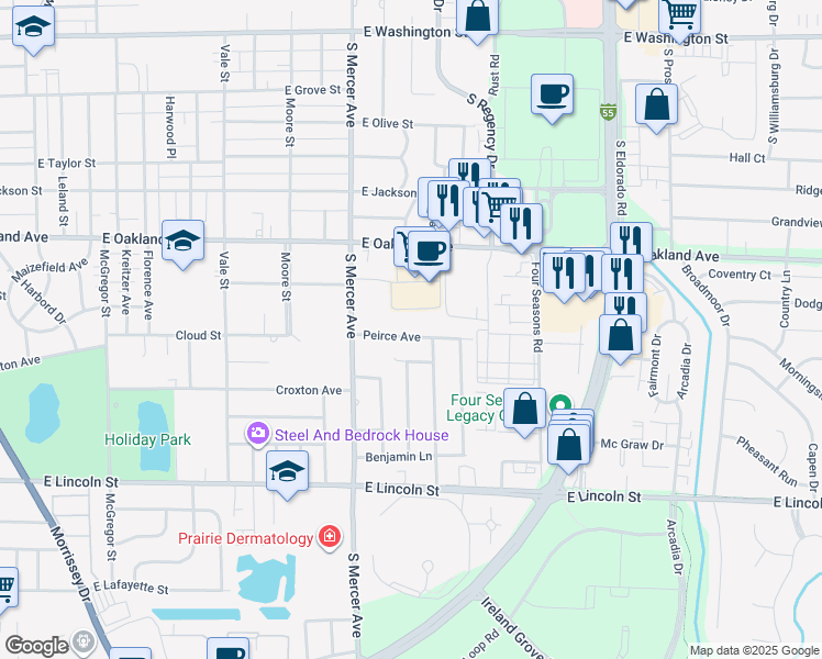 map of restaurants, bars, coffee shops, grocery stores, and more near 2116 Peirce Avenue in Bloomington