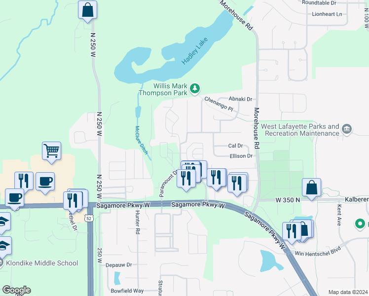 map of restaurants, bars, coffee shops, grocery stores, and more near 2114 Puget Drive in West Lafayette
