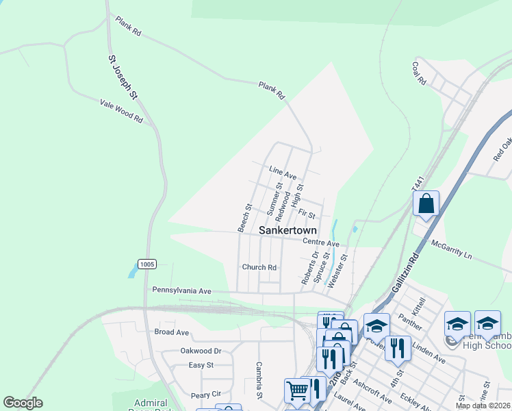 map of restaurants, bars, coffee shops, grocery stores, and more near Hickory Alley in Cresson