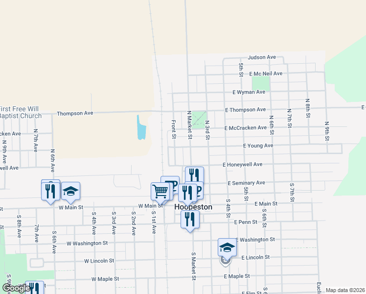 map of restaurants, bars, coffee shops, grocery stores, and more near 254 East Young Avenue in Hoopeston