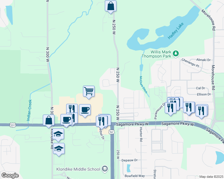 map of restaurants, bars, coffee shops, grocery stores, and more near 2500 Derbyshire Court in West Lafayette
