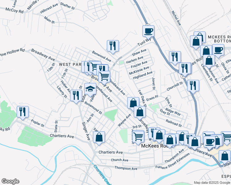 map of restaurants, bars, coffee shops, grocery stores, and more near 604 Broadway Avenue in McKees Rocks