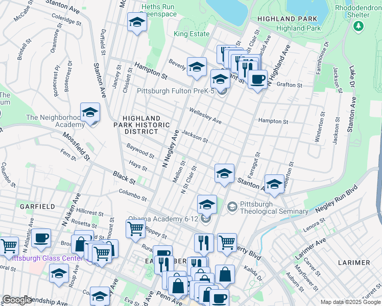 map of restaurants, bars, coffee shops, grocery stores, and more near 5635 Stanton Avenue in Pittsburgh