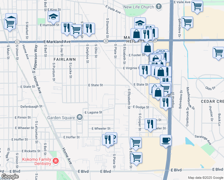 map of restaurants, bars, coffee shops, grocery stores, and more near 1305 South Plate Street in Kokomo