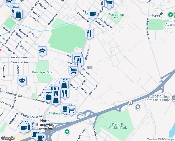 map of restaurants, bars, coffee shops, grocery stores, and more near 581 Allgair Avenue in North Brunswick Township