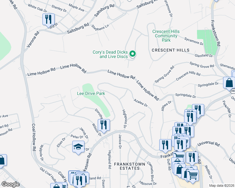 map of restaurants, bars, coffee shops, grocery stores, and more near 10920 Highpoint Drive in Penn Hills