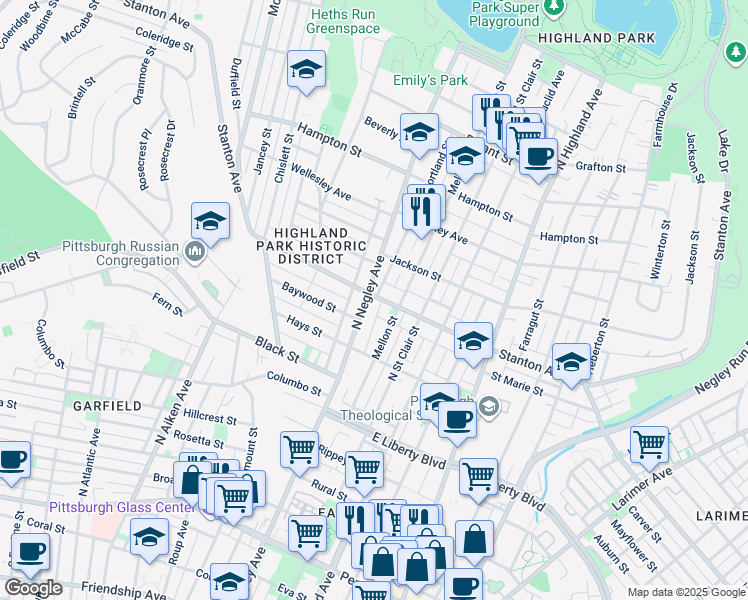map of restaurants, bars, coffee shops, grocery stores, and more near in Pittsburgh