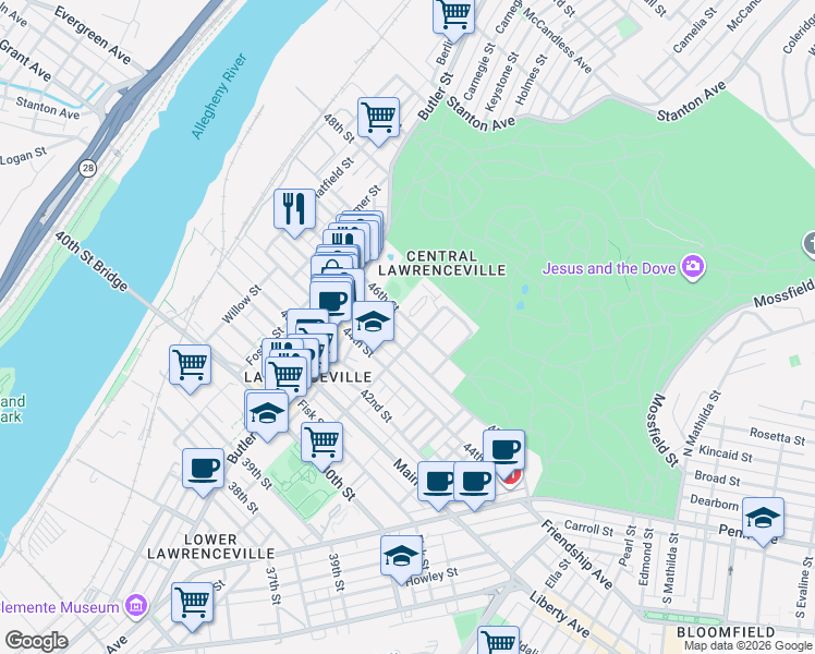 map of restaurants, bars, coffee shops, grocery stores, and more near 252 46th Street in Pittsburgh