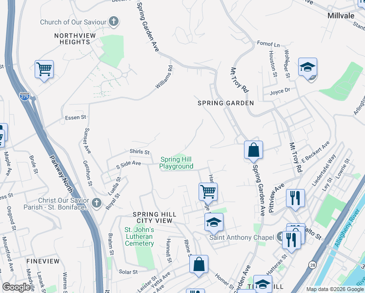 map of restaurants, bars, coffee shops, grocery stores, and more near 1363 South Side Avenue in Pittsburgh