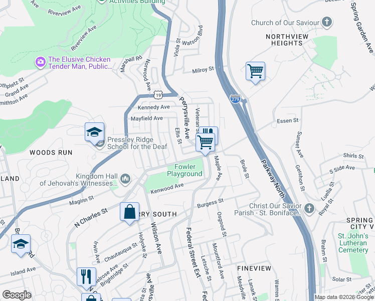 map of restaurants, bars, coffee shops, grocery stores, and more near 12 Ellzey Street in Pittsburgh