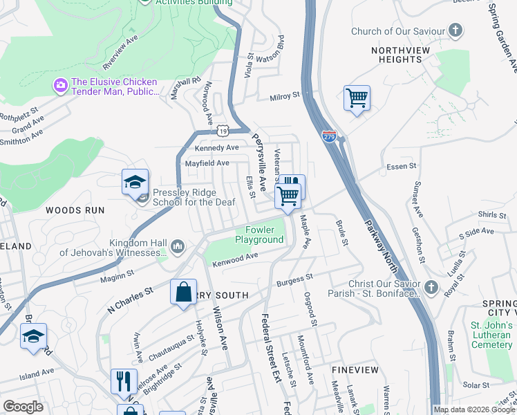 map of restaurants, bars, coffee shops, grocery stores, and more near 12 Ellzey Street in Pittsburgh