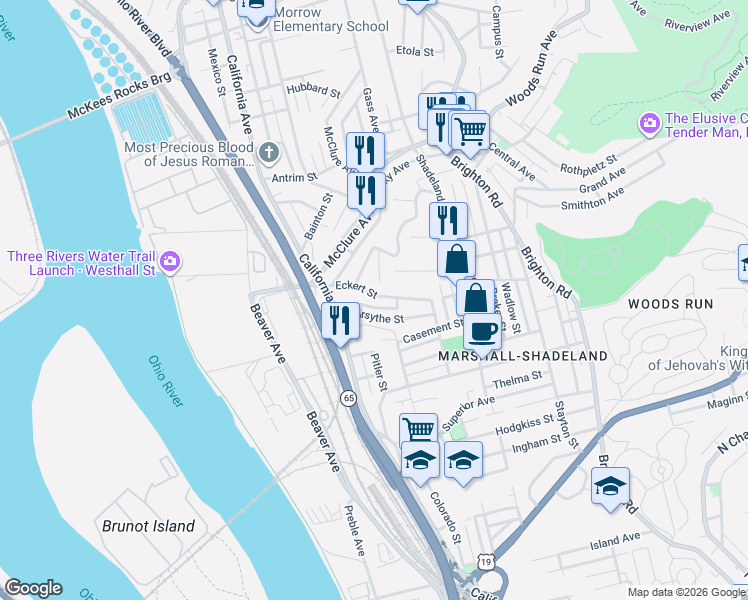 map of restaurants, bars, coffee shops, grocery stores, and more near 1502 Eckert Street in Pittsburgh