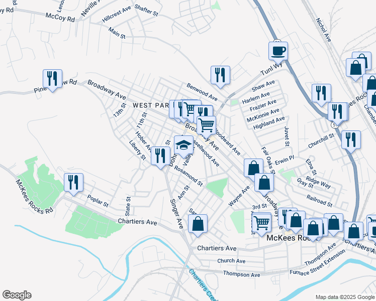 map of restaurants, bars, coffee shops, grocery stores, and more near 1096 Valley Street in McKees Rocks