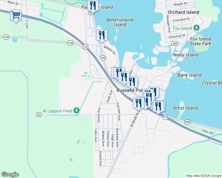 map of restaurants, bars, coffee shops, grocery stores, and more near U.S. 33 in Russells Point
