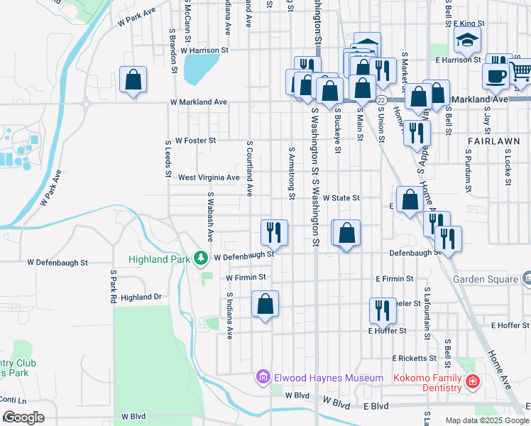 map of restaurants, bars, coffee shops, grocery stores, and more near 514 West Woodland Avenue in Kokomo