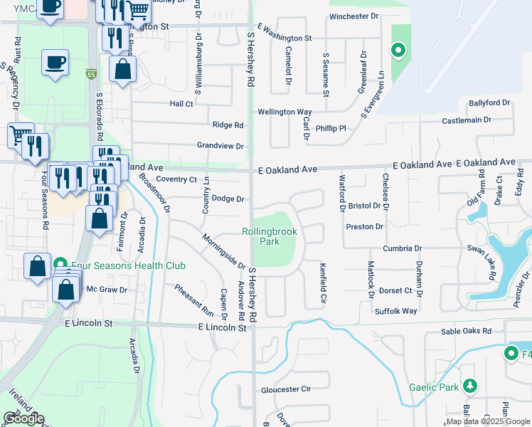 map of restaurants, bars, coffee shops, grocery stores, and more near 5A Brookshire Green in Bloomington