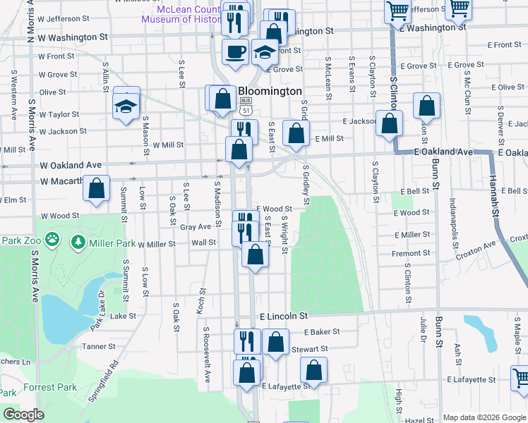 map of restaurants, bars, coffee shops, grocery stores, and more near 806 South East Street in Bloomington