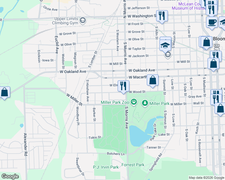 map of restaurants, bars, coffee shops, grocery stores, and more near 1304 West Elm Street in Bloomington