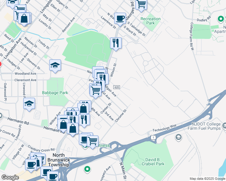 map of restaurants, bars, coffee shops, grocery stores, and more near 581 Allgair Avenue in North Brunswick Township