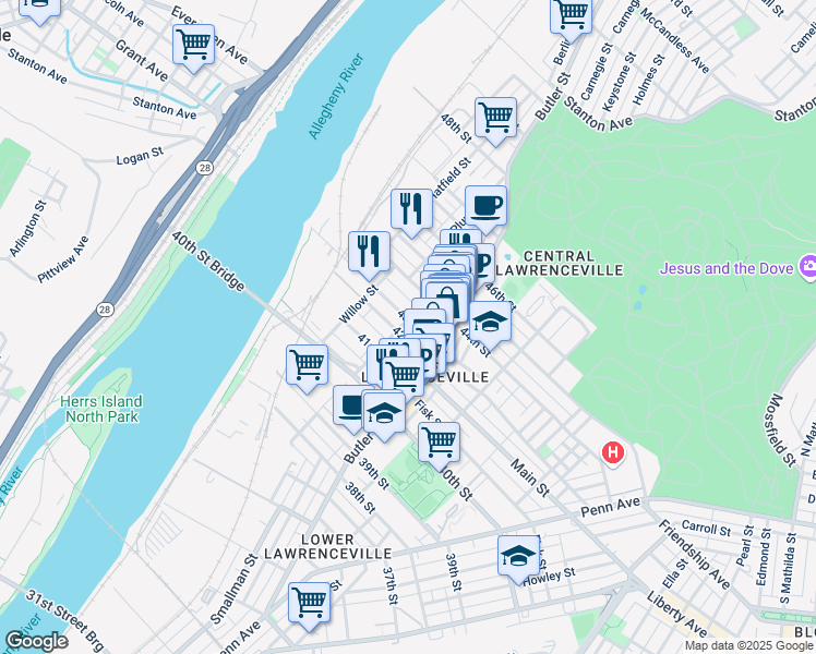 map of restaurants, bars, coffee shops, grocery stores, and more near 164 43rd Street in Pittsburgh