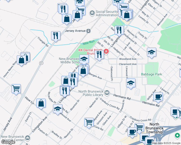 map of restaurants, bars, coffee shops, grocery stores, and more near 866 Livingston Avenue in North Brunswick Township