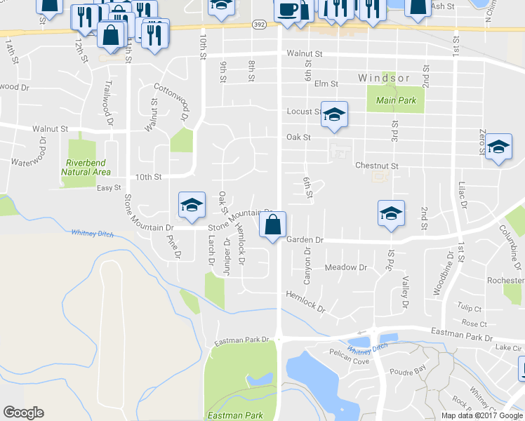 map of restaurants, bars, coffee shops, grocery stores, and more near 808 Stone Mountain Drive in Windsor