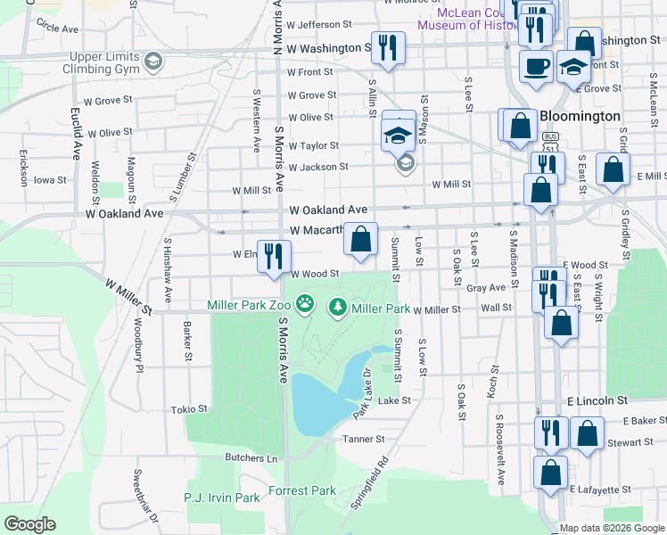 map of restaurants, bars, coffee shops, grocery stores, and more near 911 West Wood Street in Bloomington
