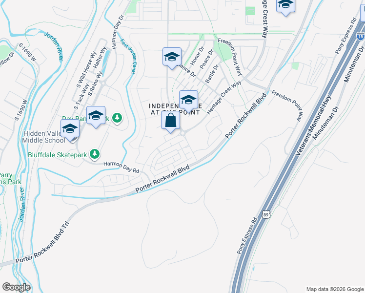 map of restaurants, bars, coffee shops, grocery stores, and more near 15417 South Navy Trails Lane in Bluffdale