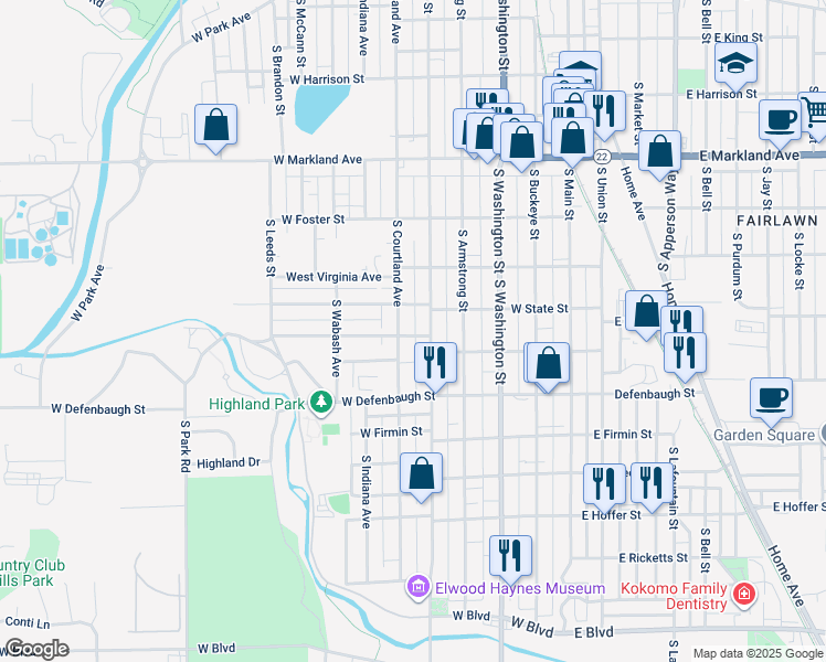 map of restaurants, bars, coffee shops, grocery stores, and more near 514 West Woodland Avenue in Kokomo