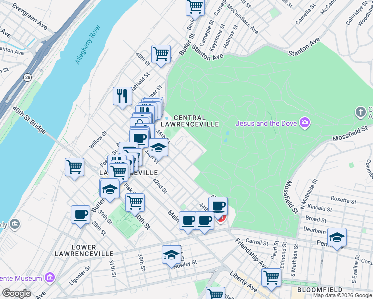 map of restaurants, bars, coffee shops, grocery stores, and more near 4620 Davison Street in Pittsburgh