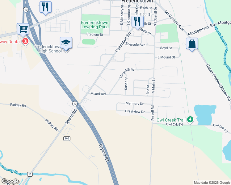 map of restaurants, bars, coffee shops, grocery stores, and more near 28 Miami Avenue in Fredericktown