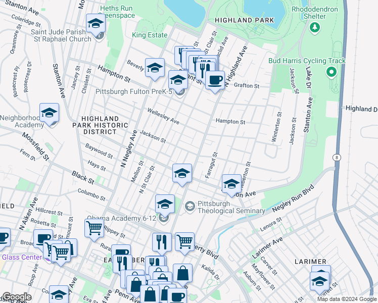 map of restaurants, bars, coffee shops, grocery stores, and more near Jackson Street in Pittsburgh
