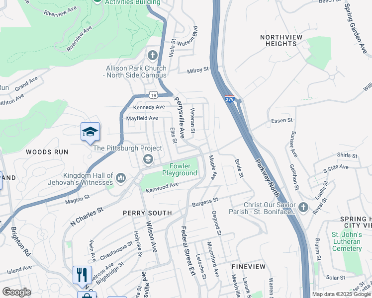 map of restaurants, bars, coffee shops, grocery stores, and more near 10 Ellzey Street in Pittsburgh