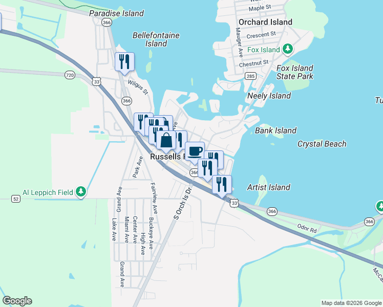 map of restaurants, bars, coffee shops, grocery stores, and more near 127 Warren Avenue in Russells Point