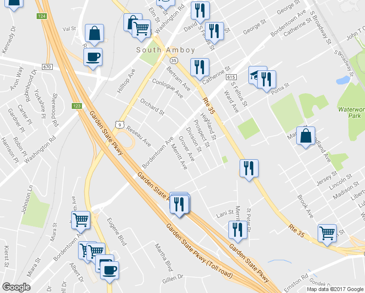 map of restaurants, bars, coffee shops, grocery stores, and more near 13 Grover Avenue in South Amboy
