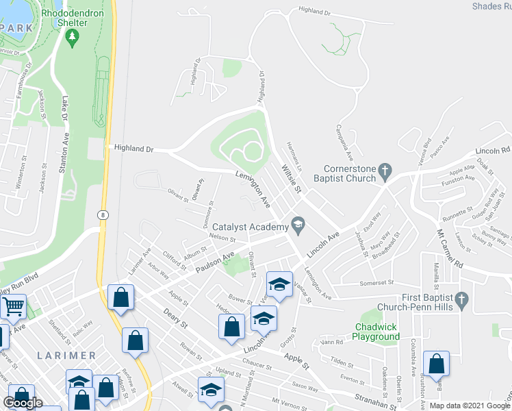 map of restaurants, bars, coffee shops, grocery stores, and more near 1306 Chaney Court in Pittsburgh