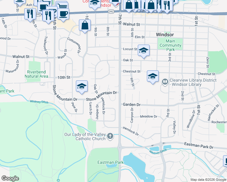 map of restaurants, bars, coffee shops, grocery stores, and more near 806 Stone Mountain Drive in Windsor