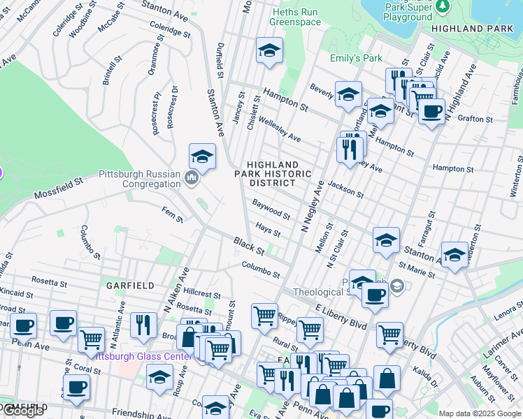 map of restaurants, bars, coffee shops, grocery stores, and more near 5443 Baywood Street in Pittsburgh