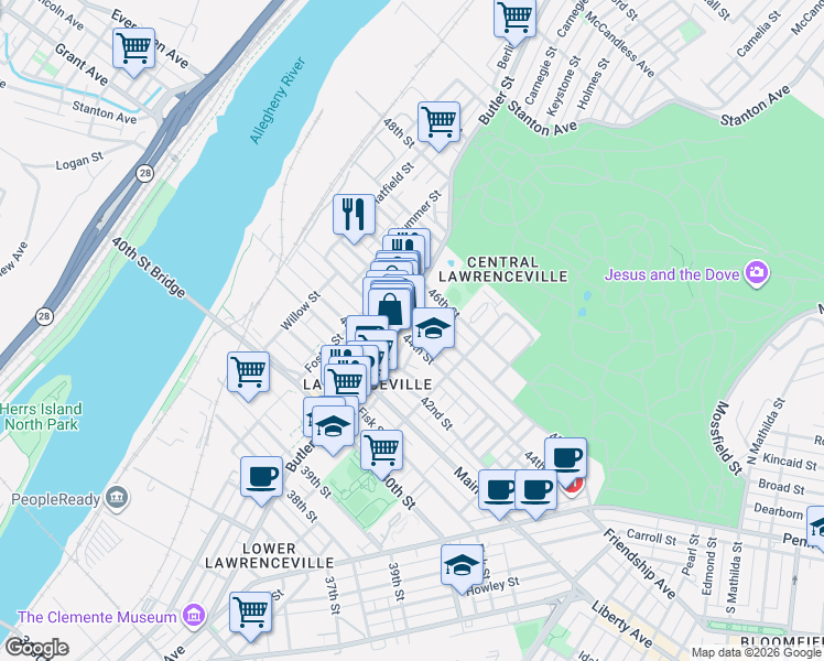 map of restaurants, bars, coffee shops, grocery stores, and more near 4406 1/2 Cessna Way in Pittsburgh