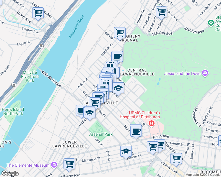 map of restaurants, bars, coffee shops, grocery stores, and more near 4406 1/2 Cessna Way in Pittsburgh