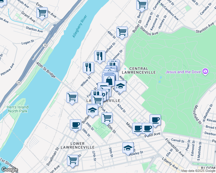 map of restaurants, bars, coffee shops, grocery stores, and more near 190 43rd 1/2 Street in Pittsburgh