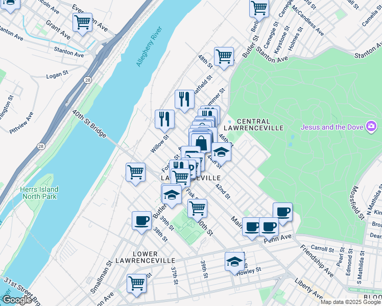 map of restaurants, bars, coffee shops, grocery stores, and more near 190 43rd 1/2 Street in Pittsburgh