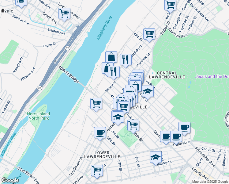 map of restaurants, bars, coffee shops, grocery stores, and more near 119 Banner Way in Pittsburgh