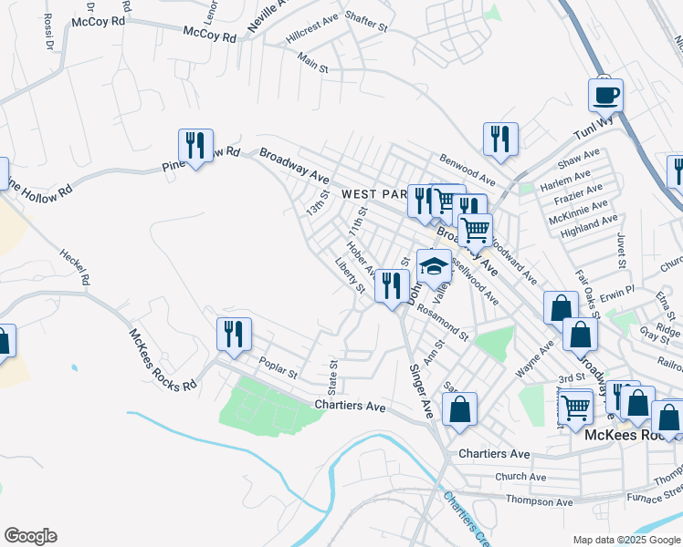 map of restaurants, bars, coffee shops, grocery stores, and more near 920 Liberty Street in McKees Rocks