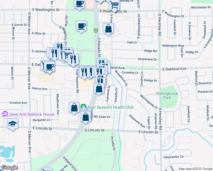 map of restaurants, bars, coffee shops, grocery stores, and more near 710 South Eldorado Road in Bloomington